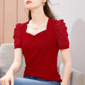 Yfashion Women Cotton Blouse Ice Silk V Neck Plus Size Shirt Loose Fashion Casual Puff Short Sleeve Pullover Tops color. 