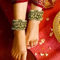 Gold color Indian kathak dance foot accessories gejji, ghungroo paada salan for dancer women. 