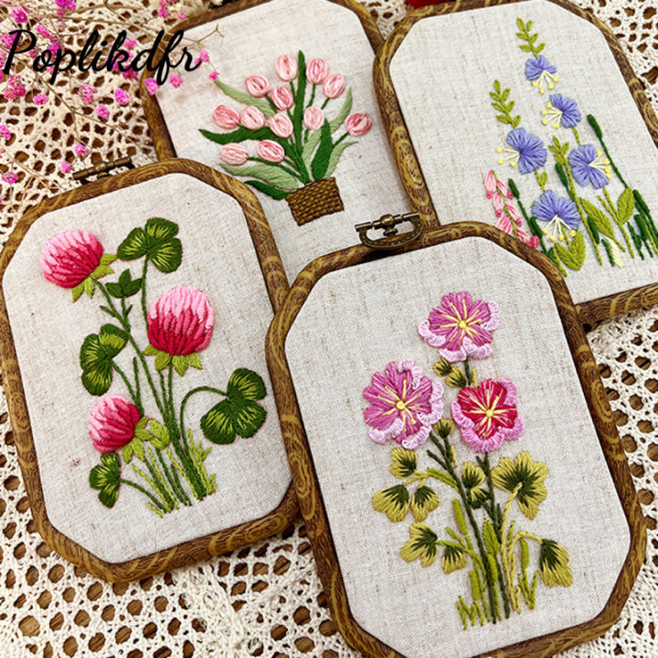 Embroidery Starter Kit Including Colored Threads Needles Hoops Instructions Flower Grass Leaves Pattern Mini Cross Stitch Kit