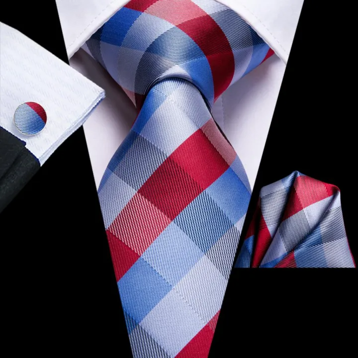 Red Light Blue Pliad 2023 New Elegant Mens Ties Hanky Cufflink Silk Necktie For Men Wedding Party Business Fashion Brand Hi-Tie