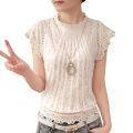 Yfashion Fashion Lace Shirt For Women Cotton Short Sleeves Round Neck Pullover Tops Sweet Solid Color Slim Fit Blouse. 