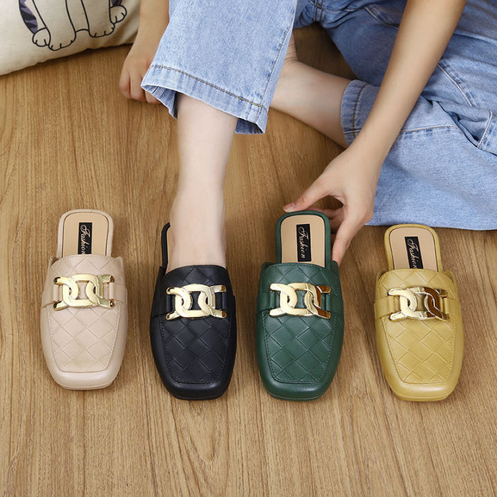 Half-Pack%20Slippers%20Women's%20Summer%20Square%20Toe%20Metal%20Chain%20Low%20Heel%20Lazy%20Mother%20Toe%20Cap%20Slippers%20Women's%20Hole%20Shoes%20Student%20Outer%20Wear%20-%20Image%208