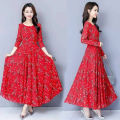 bellylady Women Cotton Sweet Floral Printing Dress Long Sleeves Large Size A-line Skirt Fashion Loose High Waist Dress. 