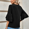 Yfashion Women V-neck Ruffle Bell Sleeve Blouse Solid Color Soft Comfortable Summer Loose Top Pullover T-shirt. 
