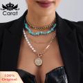 Carat Creative Mixed Metal Necklace Boho Layered Turquoise Pearl Beaded Necklace Set for Women Trendy Circle Choker Jewelry for Girls Metal Chain Paperclip Design Handmade Accessories from Geometric Beaded. 