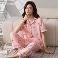 Pajamas Women's Spring Summer Short Sleeve Trousers Pure Cotton Pajamas Women's Summer Korean Style Outerwear Homewear Lapel Suit. 