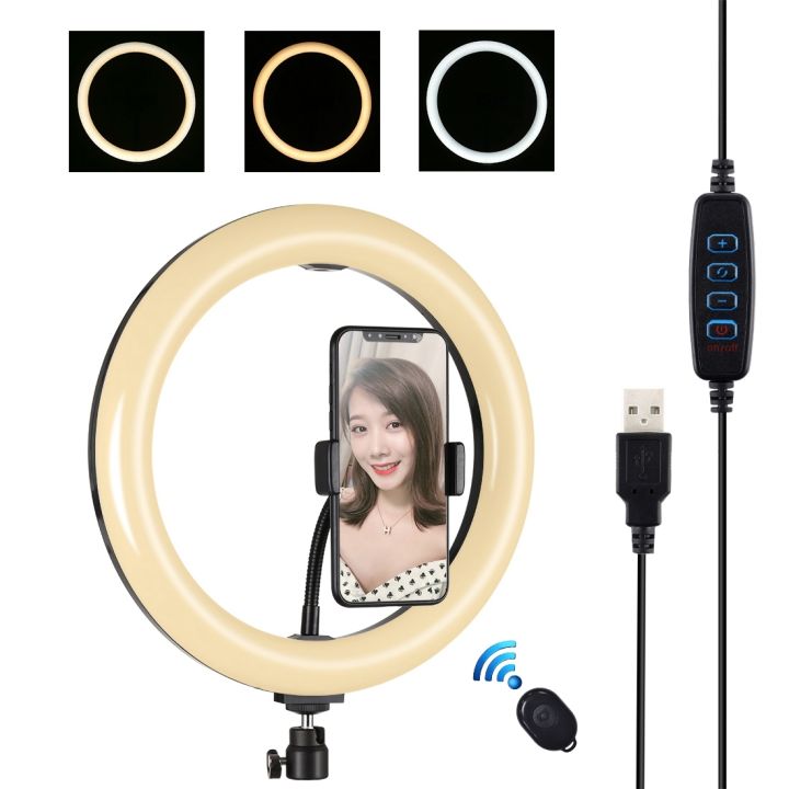 PULUZ 10.2 inch 26cm USB 3 Modes Dimmable Dual Color Temperature LED Curved Diffuse Light Ring Vlogging Selfie Photography Video Lights with Phone Clamp