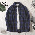 Yfashion Men Cotton Plaid Printing Shirt Fashionable Simple Large Size Casual Loose T-shirt Long Sleeves Cardigan Tops. 