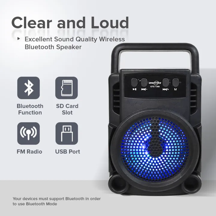 GTS-1360 Portable Bluetooth Speaker with Radio USB rechargeable Wireless   - Colourful RGB Light - jblbt BT Wireless Speaker Portable Speaker jblbt With FM Radio Big Bass Speaker TF Memory Card Reader USB Pen Drive USB Rechargeable Speaker jbl speake