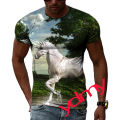 Tide Fashion Summe White Horse Picture Men's T-shirt Casual Print Tees Hip Hop Personality Round Neck Short Sleev Tops. 
