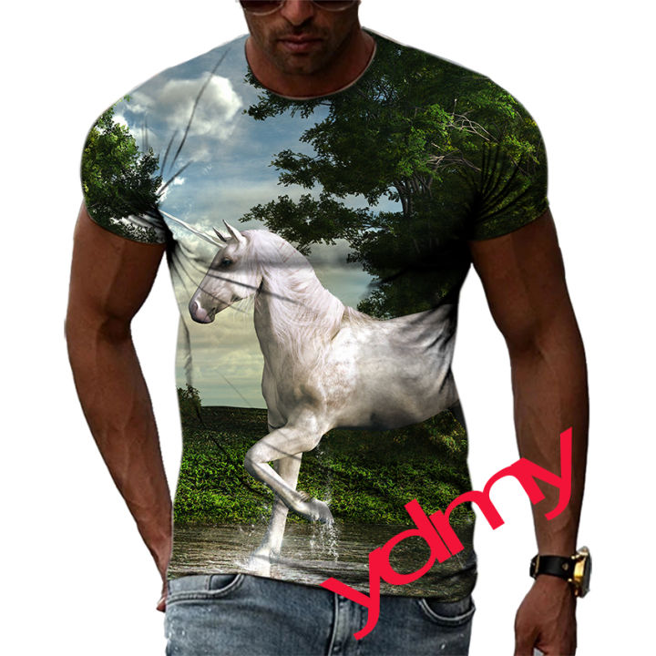 Tide%20Fashion%20Summe%20White%20Horse%20Picture%20Men's%20T-shirt%20Casual%20Print%20Tees%20Hip%20Hop%20Personality%20Round%20Neck%20Short%20Sleev%20Tops%20-%20Image%202
