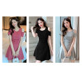 Yfashion Women High Waist Dress Fashion Short Sleeves Waist-in A-line Skirt Sweet Solid Color Short Dress color. 