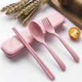 Japanese creative wheat straw portable tableware box set of three students cute chopsticks box spoon fork with long handle.. 