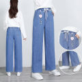 Embroidered Striped Denim Trousers for Older Girls12--16Jeans Women's Loose Slimming High Waist Big Children's Wide Leg Pants. 