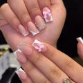 24Pc V shape white french tip press on nails Ballet false Nails with Glue Nails flower designs square Press on acylic. 