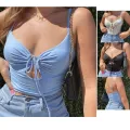 Colorful Lace-up Camisole Breathable Polyester Crop Top Spaghetti Strap Vest for Summer Wardrobe Night Out Fashionista Casual Wear Party Attire. 