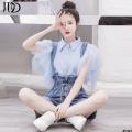 2023 Women's Two-Piece Shorts Korean Style Denim Brace Shirt Summer Nipped-Waist New Suit Age-Reducing Super Fairy Yarn Sleeve Thin. 