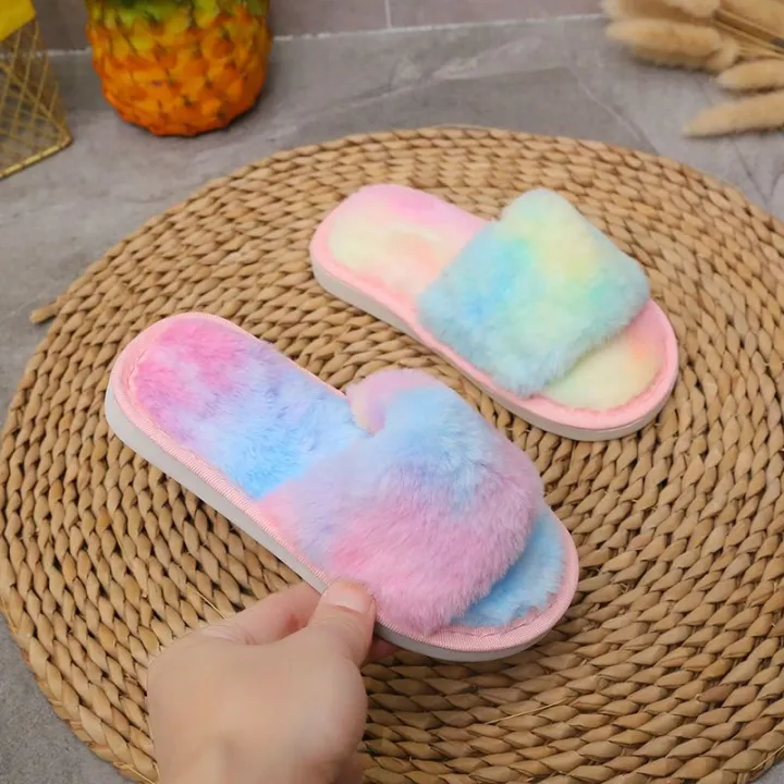 Home%20Children%20Parent-Child%20Fluffy%20Slippers%20Boys%20and%20Girls%20Colorful%20One-Word%20Autumn%20and%20Winter%20Floor%20Indoor%20Plush%20Slippers%20Rainbow%20-%20Image%204