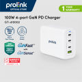 Prolink 100W 4-Port GaN PD Fast Charger compatible for Laptop/Phone/Tablet/Camera GT-410002. 