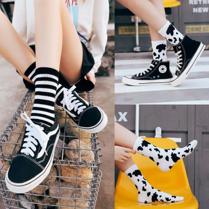 【a470ae32】Cotton Striped Socks  Women Socks Arrivals Cow Printed Sock Lovely Striped Solid Breathable Casual Cartoon Socks