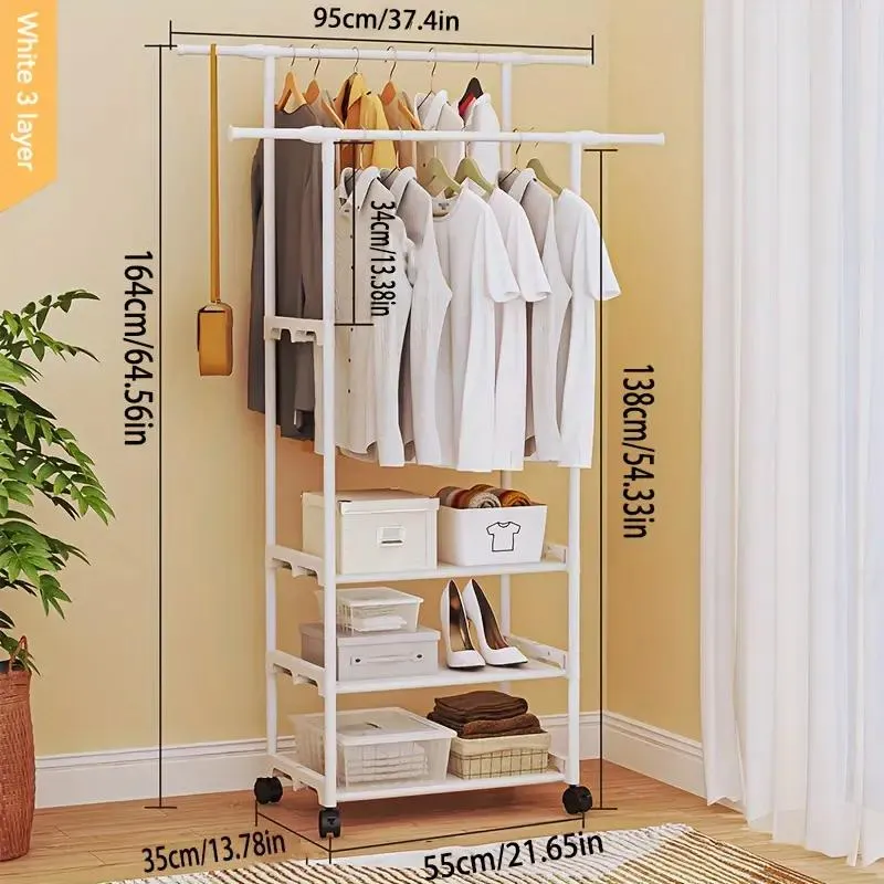 3 Layer Standing Clothe Rack with Wheel-Double Pole | Daraz.lk