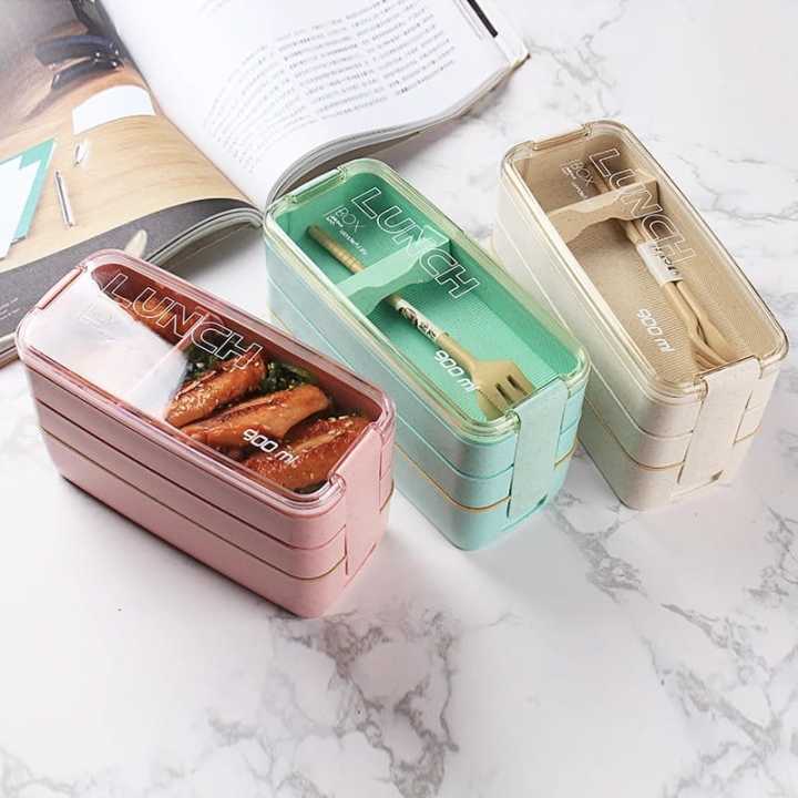 Adult Lunch Box Square 3 Compartment 900ML Sealed Bento Box 3 Layers All-in-One Stackable Bento Box Containers with Fork Spoon for Home Travel Office Plastic Lunch Box