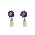 Silver Needle Flower Drop Oil Rhinestone Pearl Earrings French High Sense Water Drop Earrings Retro Affordable Luxury Graceful Earrings Female. 