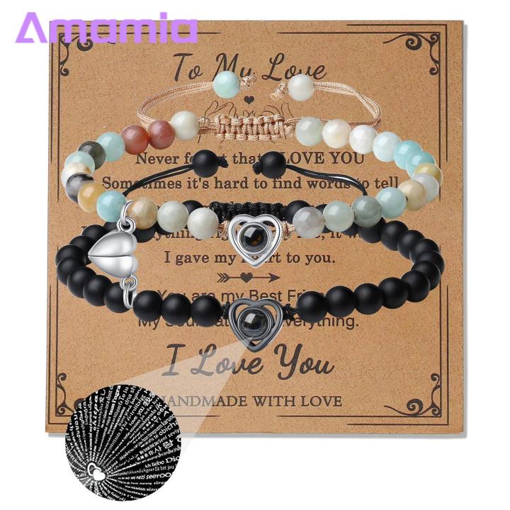 Long Distance Couple Bracelet 2pcs His Her Matching Bracelets 100 Languages I Love Couple Bracelets Adjustable Beads Jewelry Gift Heart Pairing Couple Necklace