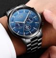 New Version Sapphire Blue Colour Dial Black Stainless Steel Luxury Men Watch Quartz Analog Business Chain Casual Wrist LIGEx Watches For Boys Gents Men Time_Zone LK. 