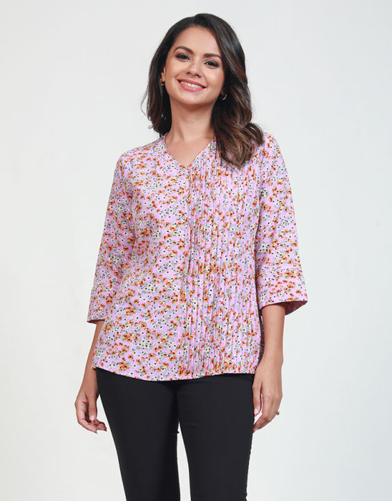 Spring & Summer  V-Neck Printed Top with Pintucks