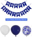 Navy Blue Happy Birthday Banner 30 pcs (10 pc White 10pc Royal Blue 5pc Confetti 5pc Metalic chrome) Latex Balloon and Banner for Boys Girls Birthday Party Decorations. 
