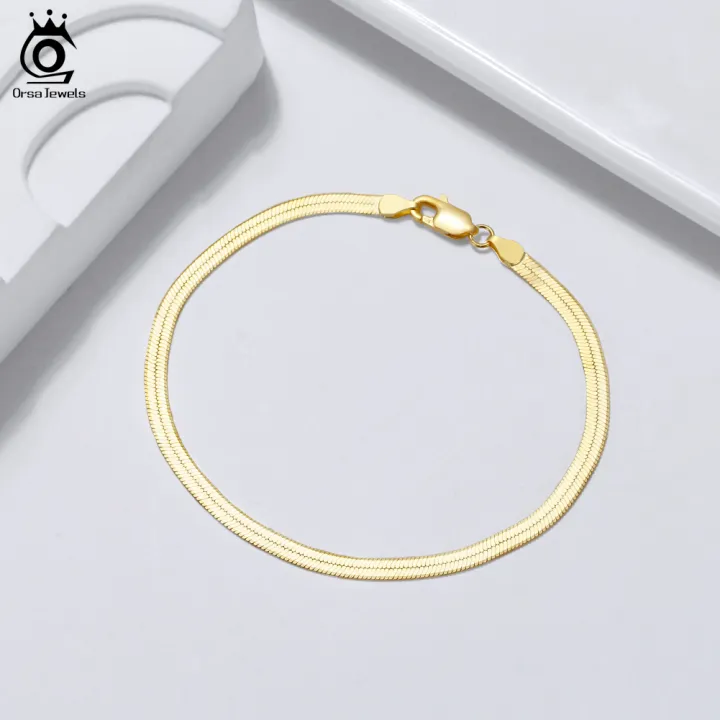 Orsa%20Jewels%2018k%20Gold%20925%20Sterling%20Silver%203mm%20Flexible%20Flat%20Herringbone%20Chain%20Bracelet%20For%20Women%20Fahsion%20Jewelry%20Sb107%20-%20Image%203