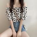 Chiffon Korean Style Polka Dot French Style Short Sleeve New Puff Sleeve Summer Shirt Top off-Shoulder Floral Western Style Youthful-Looking. 