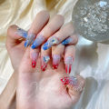 【New】Red and blue AB smudge gradient flash diamond French blush fairy gentle white hand-worn armor. 
