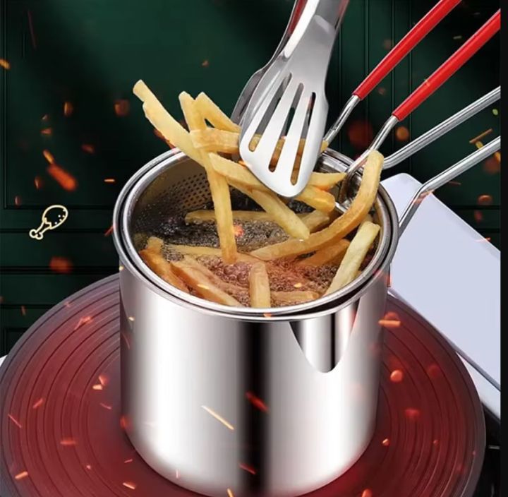 2 in 1 Strainer Deep Fryer Kitchen Frying Pot with Strainer Stainless Steel Fry Chicken Pan Cooking Tools Oil Strainer Container