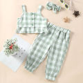 Girls Summer Outfits Sleeveless Plaid Top Pants 2pcs Clothes Set. 