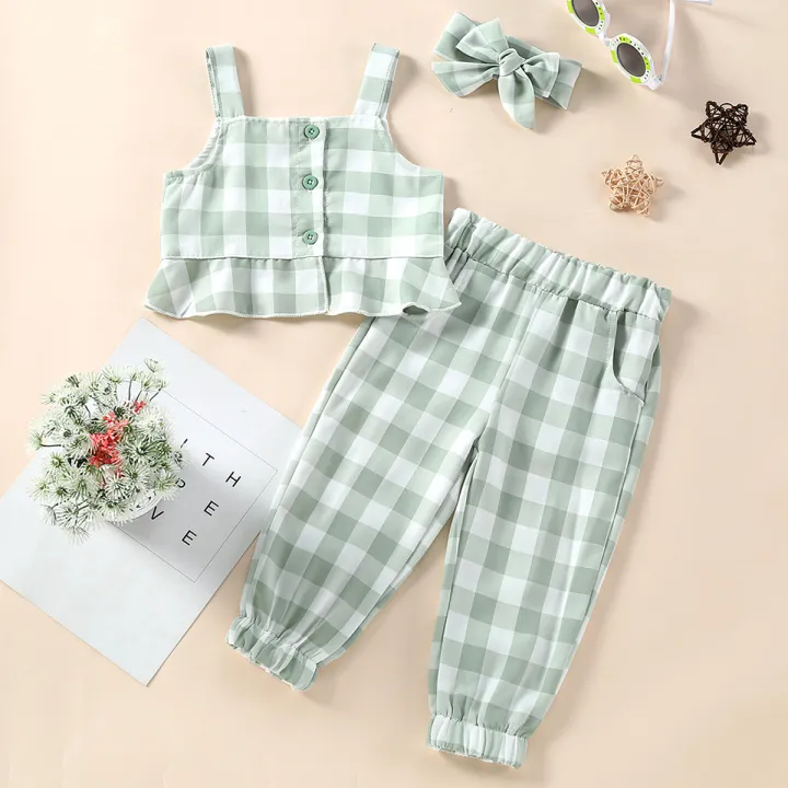 Girls%20Summer%20Outfits%20Sleeveless%20Plaid%20Top%20Pants%202pcs%20Clothes%20Set%20-%20Image%202