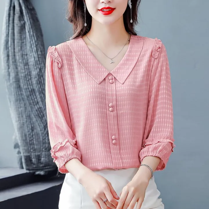 Yfashion%20Fashion%20Chiffon%20Tops%20For%20Women%20Cotton%20Summer%20Three-quarter%20Sleeves%20Doll%20Collar%20Shirt%20Elegant%20Solid%20Color%20Pullover%20Blouse%20-%20Image%203
