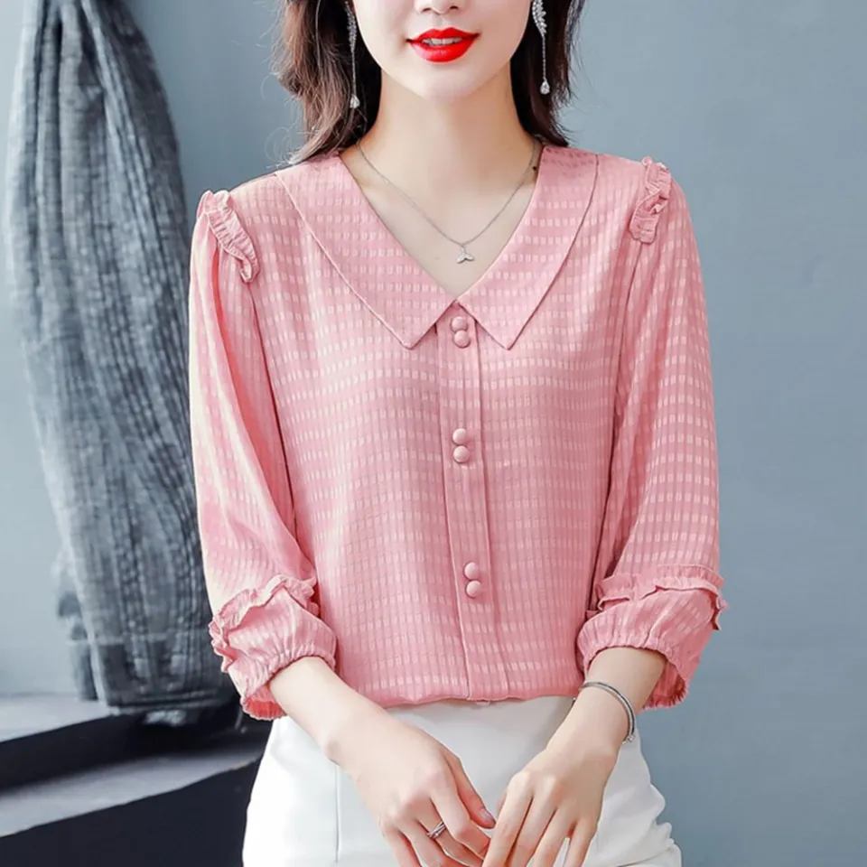 Yfashion Fashion Chiffon Tops For Women Cotton Summer Three quarter Sleeves Doll Collar Shirt Elegant Solid Color Pullover Blouse Daraz.lk