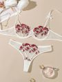 Floral Embroidery Lingerie Set, Mesh Unlined Bra & Mesh Panty, Women's Lingerie & Underwear. 
