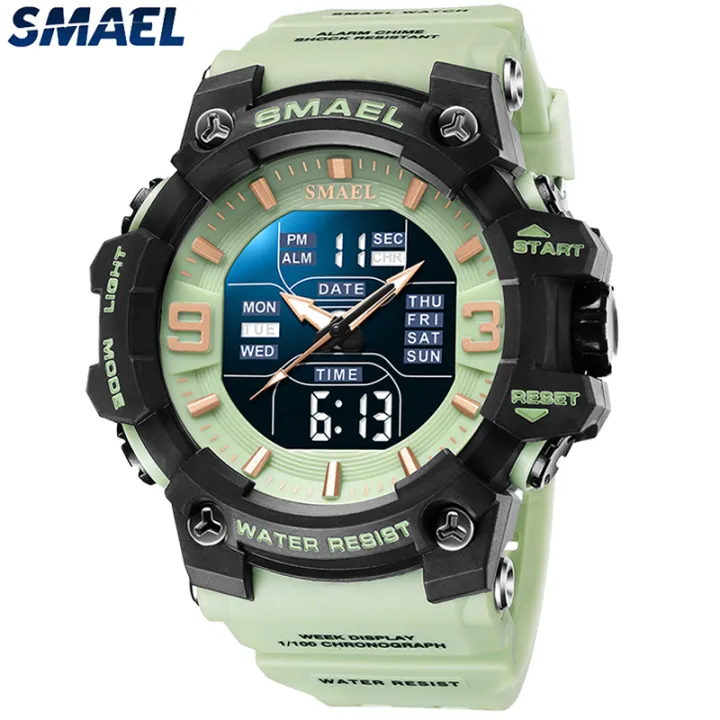 【Miga Plaza】SMAEL Top Brand Fashion Luxury Digital Dual Display Watch Waterproof PU Strap LED Light Running Second Sports Casual Men's Watch