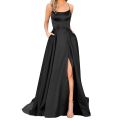 Deep Blue Prom Dresses Women's Long Dresses Criss-cross Satin Spaghetti Party Prom Dress Tie Formal Dresses for Women. 