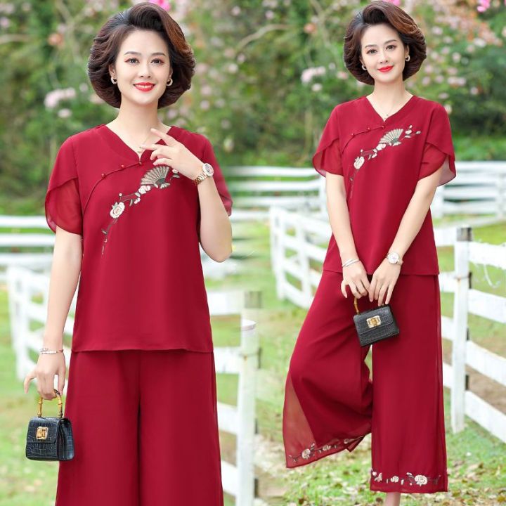 Western Style Mother Summer Wear Fashion Thin Chiffon Two-Piece Set 40 Years Old 50 Middle-Aged and Elderly Women's Noble Wide-Leg Pants Suit
