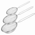 3pc Set Large Strainer Stainless Steel Mesh Colander Set Long Handle Food Tea Small Strainer For Coffee Fruit Rice Kitchen Tools (16cm, 12cm, 8cm). 