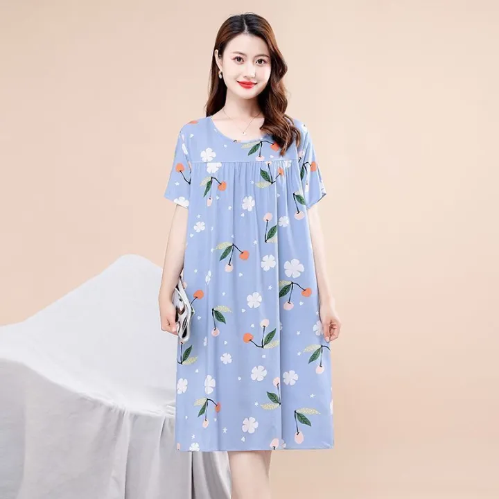 Middle-Aged%20and%20Elderly%20Cotton%20Nightdress%20Women's%20Summer%20Pajamas%20Artificial%20Cotton%20Dress%20Skirt%20Mid-Length%20plus%20Size%20Homewear%20Mom%20-%20Image%206