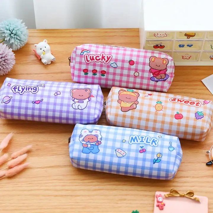 Pencil Case for Girls and Boys Sweet Cartoon Bear Printed Spacious Stationery Storage Bag
