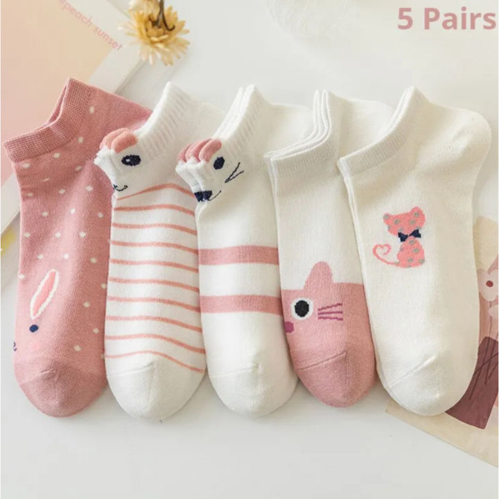 5 Pairs Women's Short Tube Socks Pink Cat Thin Four Seasons Cute Boat Sockslow Top Ins Trendy Socks