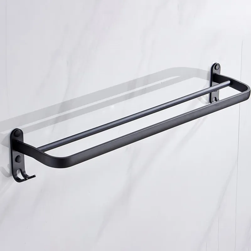 60-Inch Black Double Towel Rack With Shelf – Sturdy Wall-Mounted Bathroom Storage, Sleek Modern Design