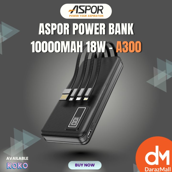 Aspor 10000mAh 4 in 1 Power Bank A300 Built-in Micro/Type-C/Lightning/USB 4 in 1 Cables Portable Charger