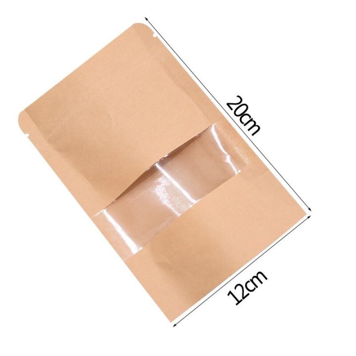 25pcs 12x20cm Brown Kraft Paper Transparent Zip lock Standup Pouch Bags With Clear Translucent Window For Dried Food, Candy, Spices & Nuts